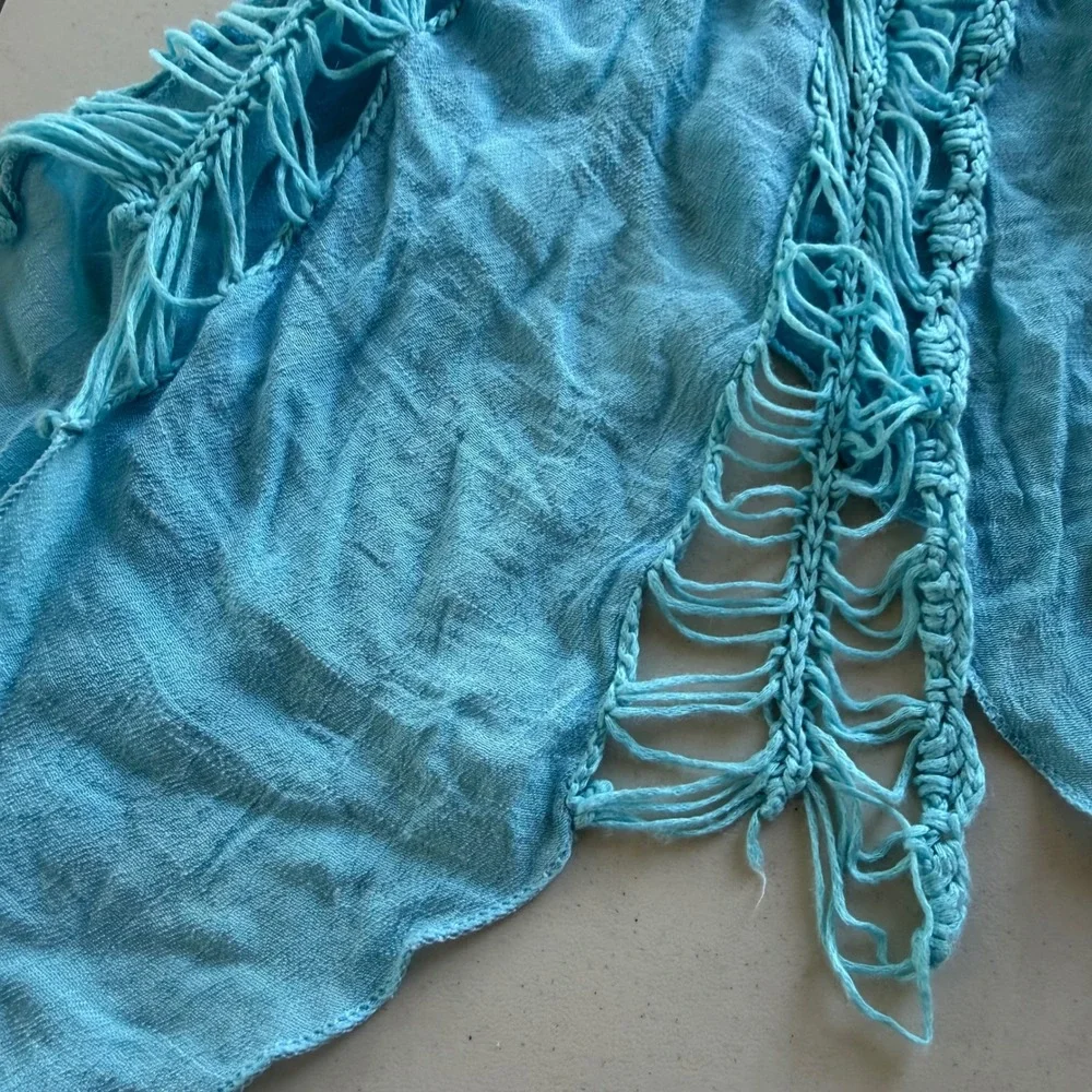 Women's Turquoise Aqua Blue Open Crochet Macrame Knit Pearl Button Beach Coverup